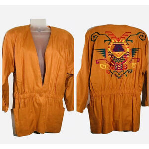 Vtg Ellen Tracy Women Linen Jacket 8 Orange Embroidery Aztec Southwest Y2K Artsy